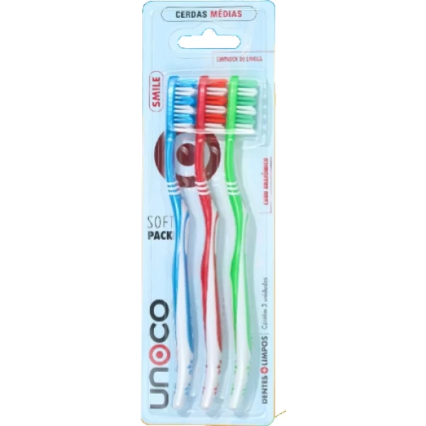 U1014 -  ESCOVA DENTAL, MANUAL, ADULTA, CERDAS MEDIAS - SMILE - KIT 3 UND UNOCO